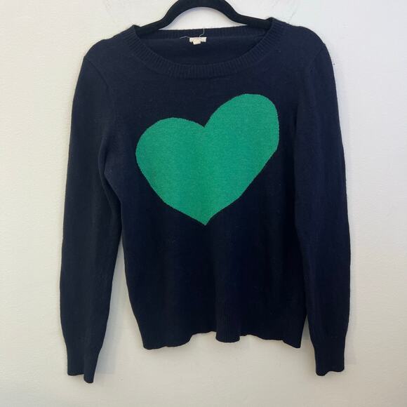 J. Crew women’s100% wool crewneck heart graphic sweater sz large navy blue/green - Picture 1 of 7